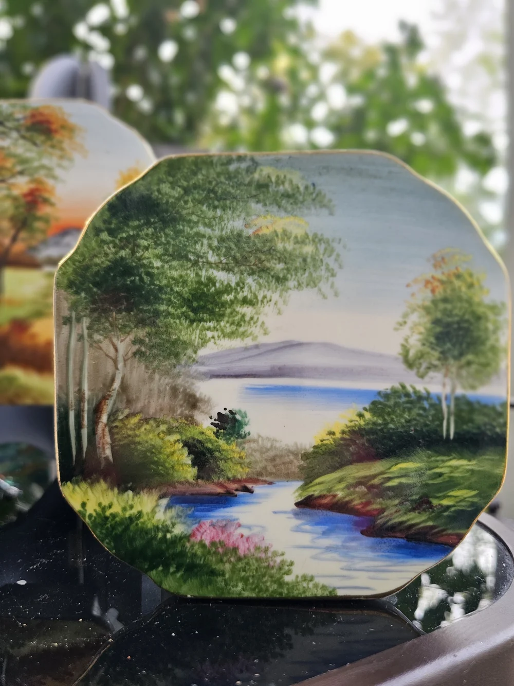 2 Vintage 1960s Kasuga Ware Japanese Hand-Painted Octagonal Wall Pocket Vases
